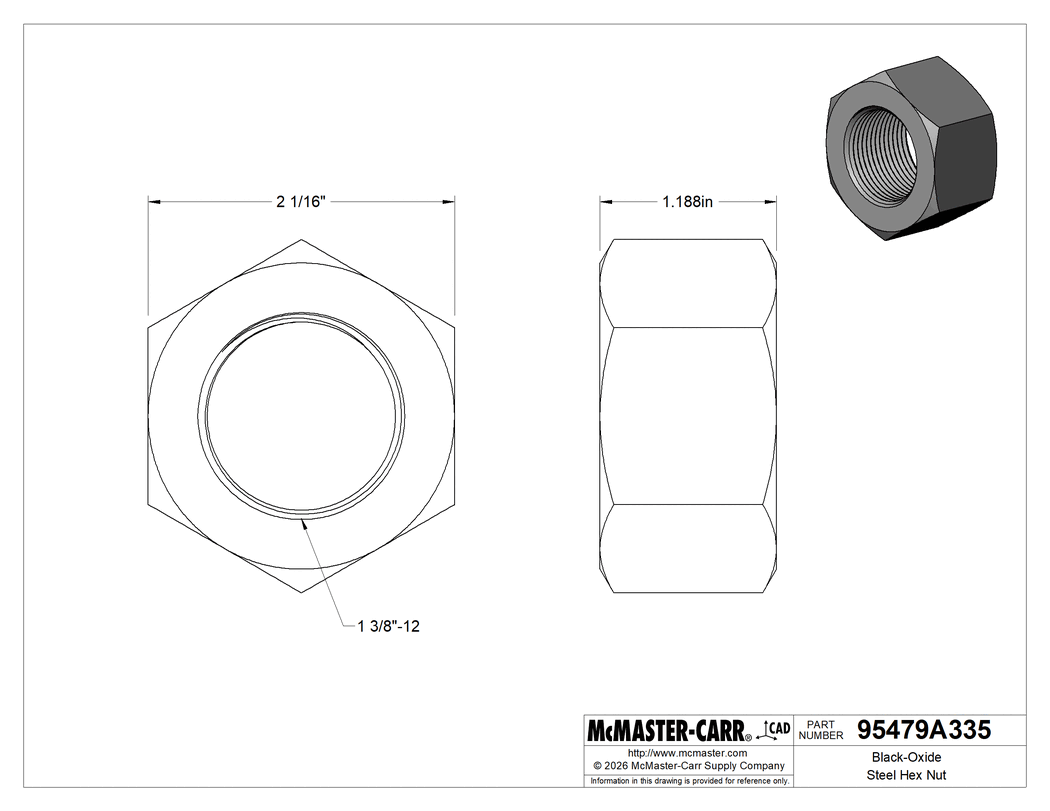 Technical Drawing of Black-Oxide Steel Hex Nut, Medium-Strength, SAE Grade 5, 1-3/8"-12 Thread Size.
